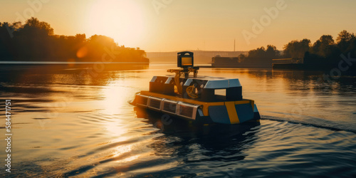 Sustainable River Energy. International Water Day concept. Robotic boat powered by solar panels clears river water of algae during sunset. Horizontal illustration. Generative AI