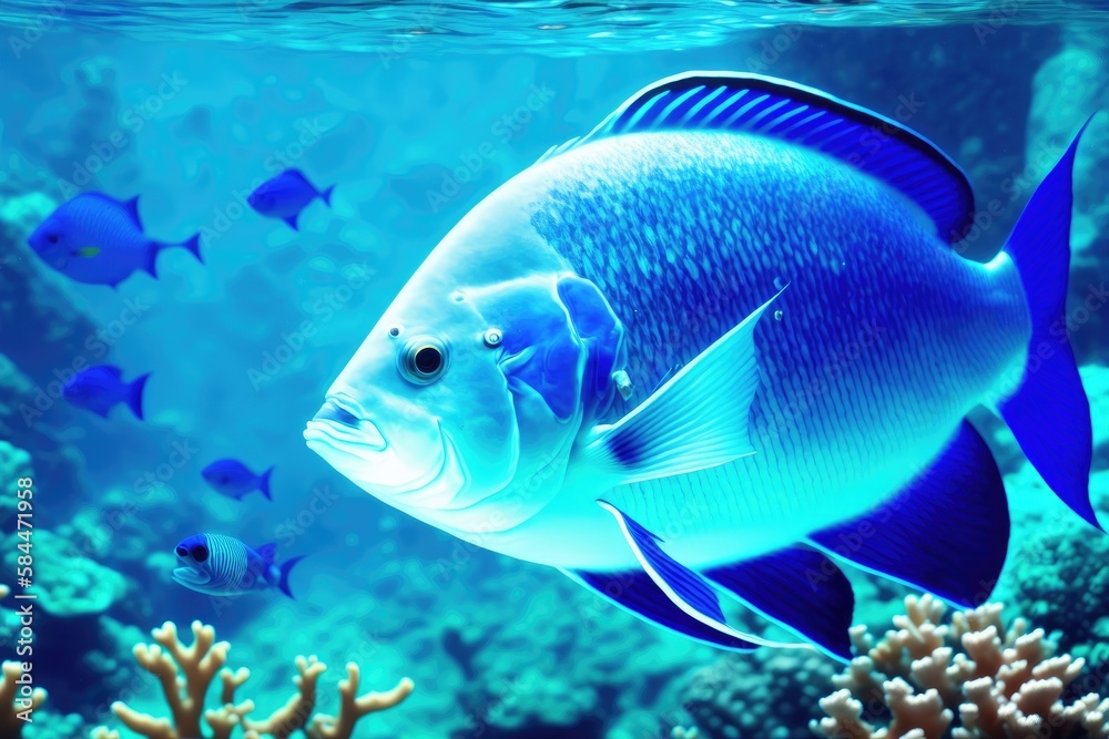 Underwater coral reef landscape with fish, generative ai, in the deep blue ocean with colorful marine life Underwater coral reef landscape with fish, generative ai, in the deep blue ocean with colorful marine life