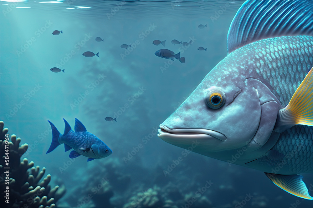 Underwater coral reef landscape with fish, generative ai, in the deep blue ocean with colorful marine life Underwater coral reef landscape with fish, generative ai, in the deep blue ocean with colorful marine life