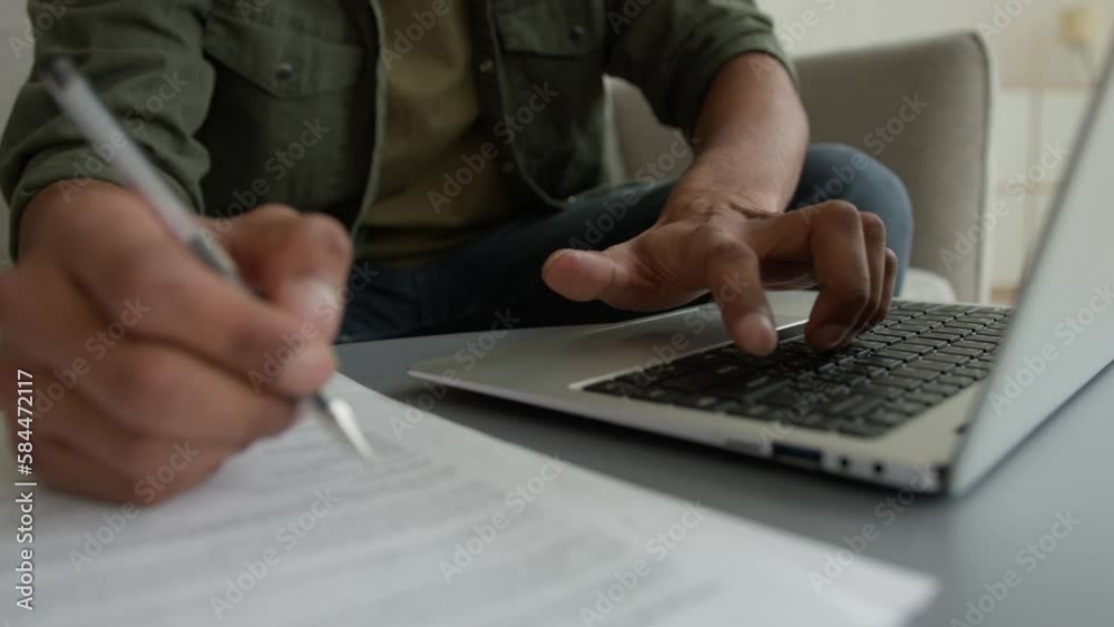 Man Writing Computer Close up view unrecognizable man male guy working laptop from home ...