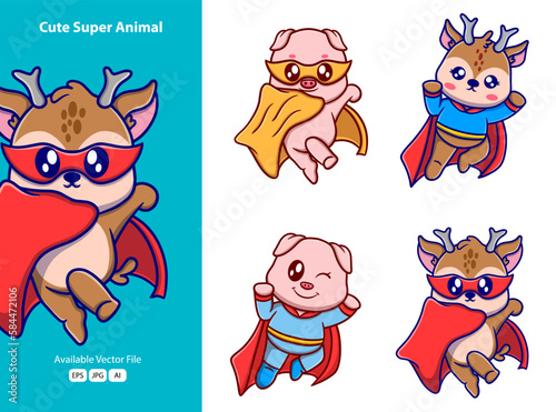 Cute super animal activities cartoon icon illustration. funny gifts for stickers