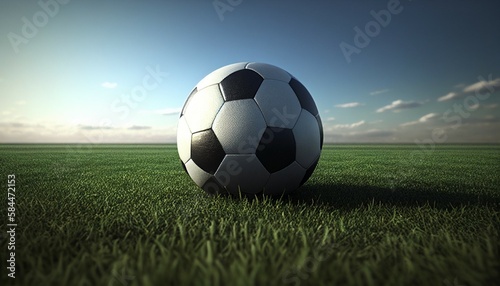 Soccer ball on open grass field.  ai generated 