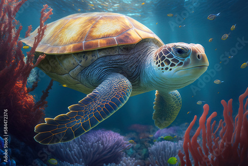 Sea turtle on coral reef in the ocean, illustration generative AI