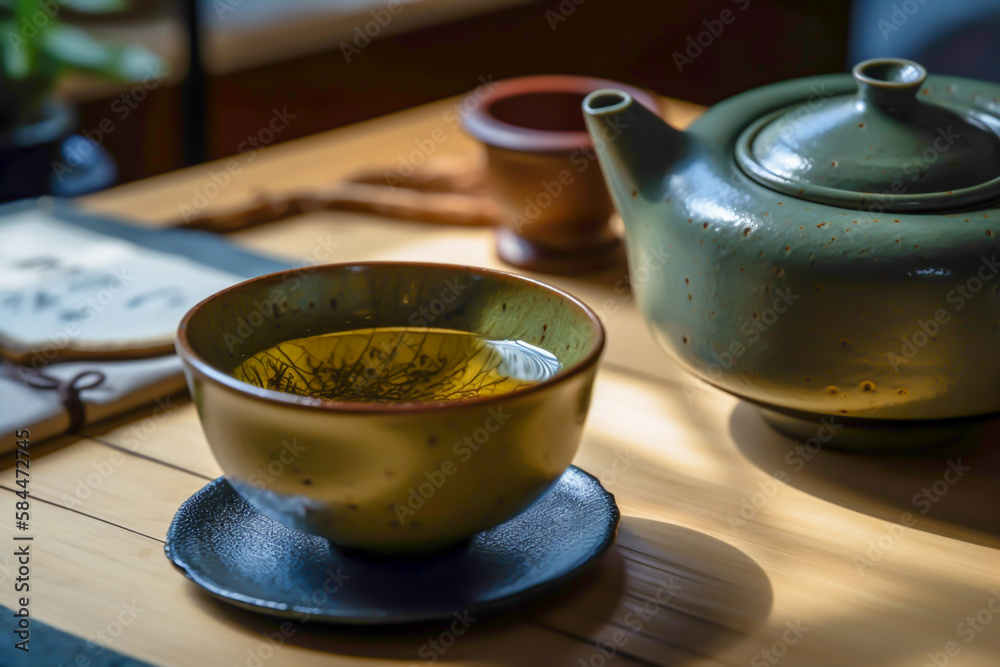 Still-life of japanese healthy green tea in a small cups and teapot over dark background, generative ai Still-life of japanese healthy green tea in a small cups and teapot over dark background, generative ai