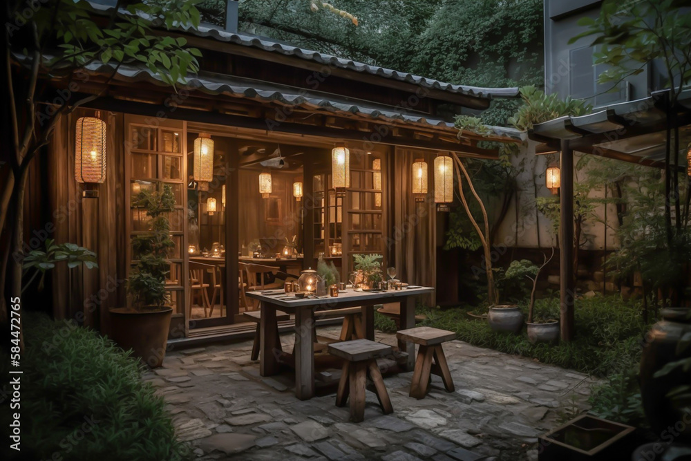 asian restaurant outdoor design, japandi, japanese culture cuisine, generative ai
