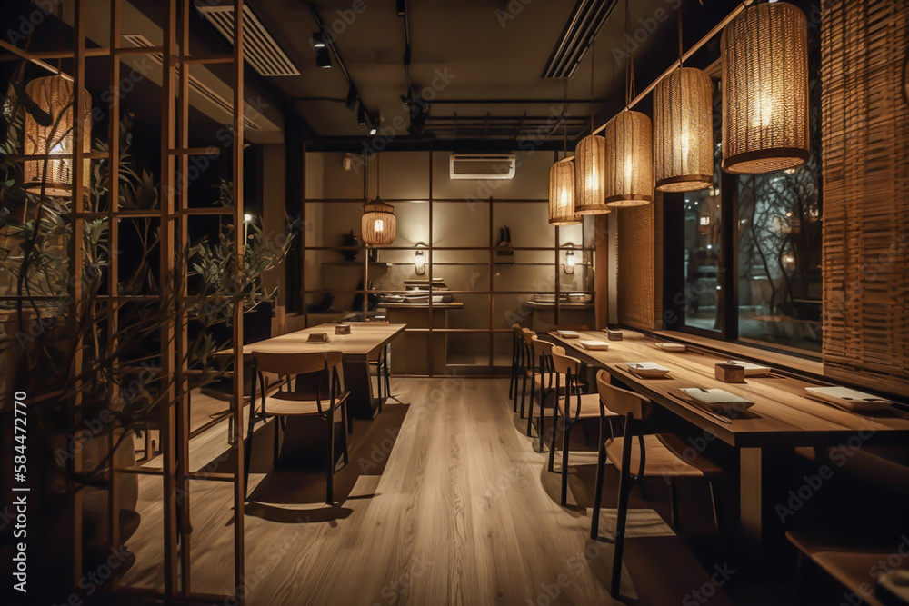asian restaurant interior design, japandi, japanese culture cuisine, generative ai