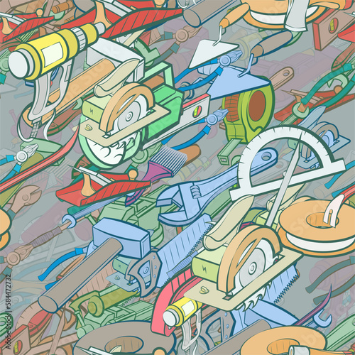 Background pattern abstract design texture. Seamless. Building tools and Repair. Theme is about wooden, nuts, lamp, electrician, adjustable wrench, carpentry wood, installation, ax, plumbing