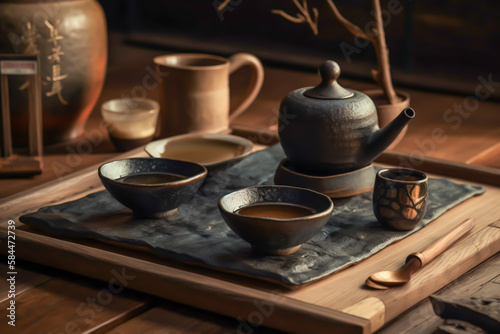 Still-life of japanese healthy green tea in a small cups and teapot over dark background, generative ai