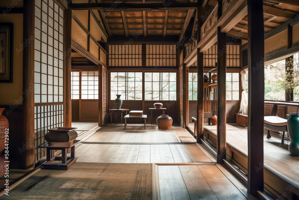 Japandi , japanese traditional art and culture, Interior design of neutral living room with stylish retro, generative ai