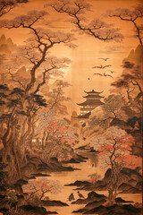 Wandcirkels Japandi stijl Japanse traditionele kunst antieke achtergrond  © VicenSanh