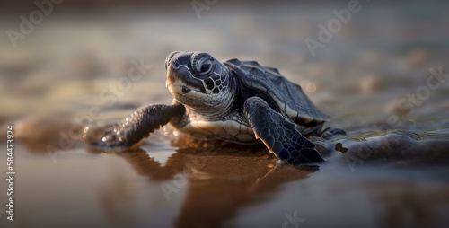 Fresh Hatchling Baby Sea Turtle Struggling for Survival on Sandy Beach - Generative AI Creates Inspiring Digital Art of Endangered Species Fighting the Odds. © touchedbylight