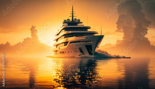 A luxury mega yacht in the ocean at a sunset. Golden Hour. Luxury concept.