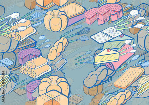 Background pattern abstract design texture. Seamless. Bakery products and Cutlery. Theme is about knife, scoop, pie, bakery, holes, cake, bread, strudel, forceps, spicy, spoon, dissected
