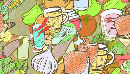 Background pattern abstract design texture. Seamless. Drinks and Health food. Theme is about kvass, healthy food, peel, hot peppers, onion feathers, tea, in the peel, whole onion, fetus