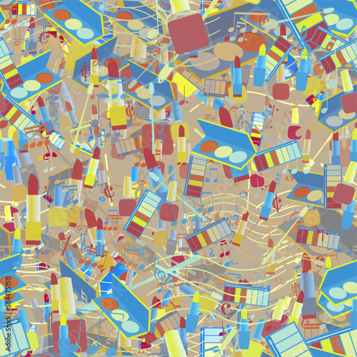 Background pattern abstract design texture. Seamless. Theme is about tones, beauty, demisemiquaver, musical key, pomade, brush, pomatum, toiletry, makeup, cosmetology, semiquaver, ointment