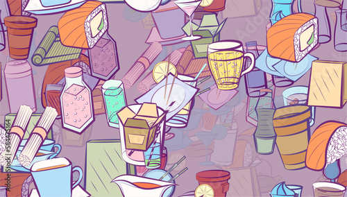 Background pattern abstract design texture. Seamless. Japanese food and Drinks. Theme is about Martini, kvass, packet, cardboard, plastic, kyusu, drinking tube, wineglass, hot drink, beer