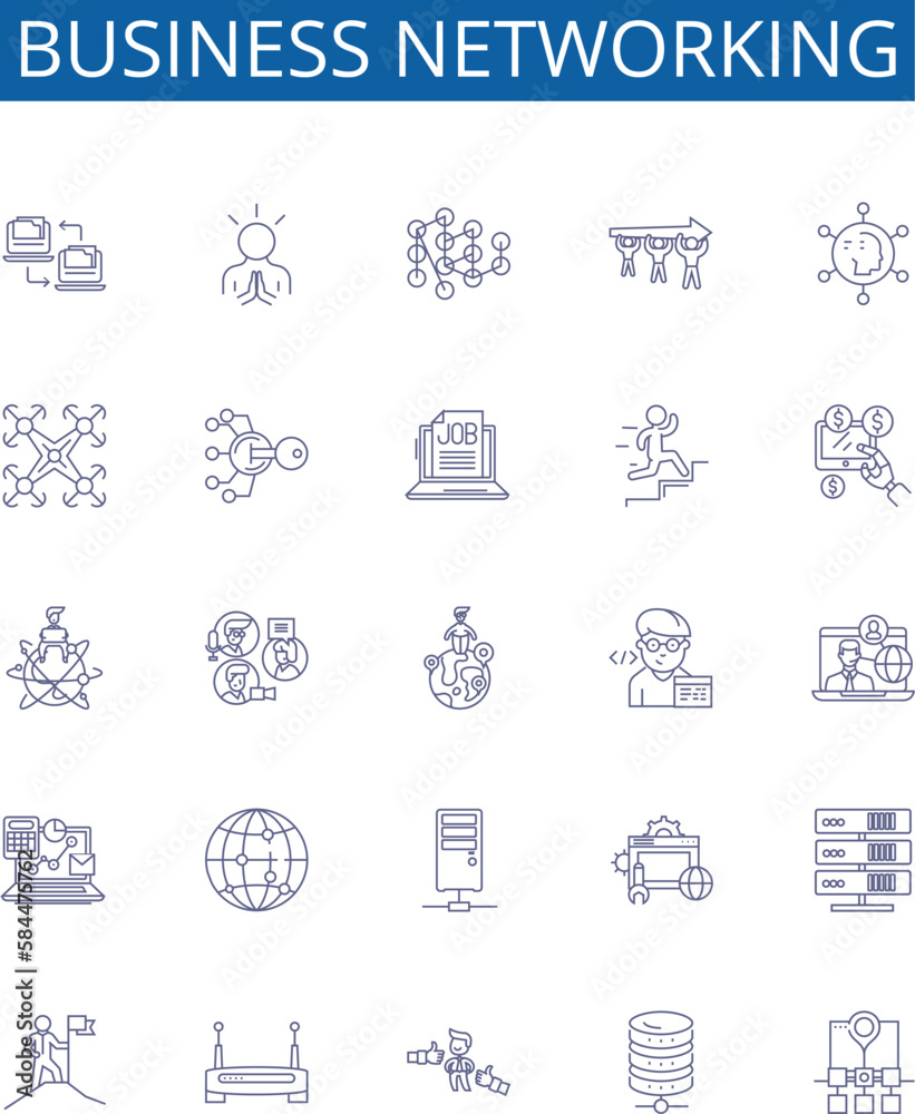 Business networking line icons signs set. Design collection of Networking, Business, Relationships, Connections, Contacts, Interactions, Strategizing, Partnerships outline concept vector illustrations