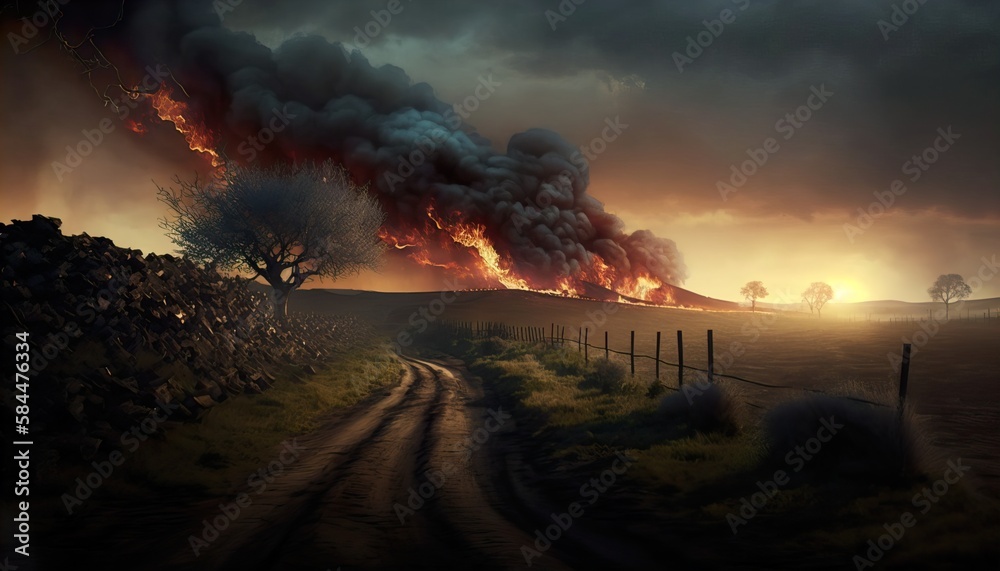 AI generated illustration of burning countryside terrain against cloudy sunset sky