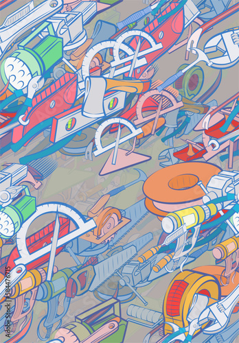 Background pattern abstract design texture. Seamless. Building tools and Repair. Theme is about spatula, roulette, chisel, retainer, wiring, circular saw, wooden, hank, laying bricks, mounting