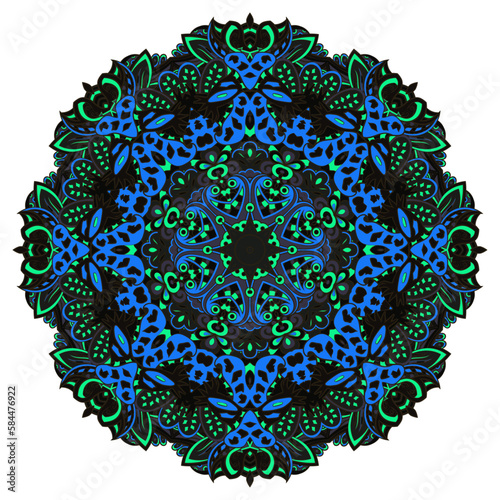Mandala. Tracery wheel image. Mehndi design. Dark toxic colors. Ethnic doodle art. Curved doodling picture. Vector