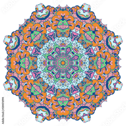 Mandala. Tracery wheel image. Mehndi design. Ethnic doodle art. Curved doodling picture. Vector