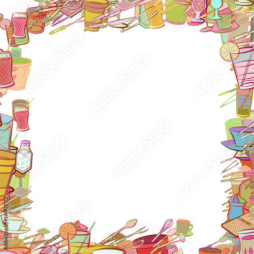 Background pattern abstract design texture. Drinks and Cutlery. Border frame, transparent background. Theme is about soda can, holes, potato peeler, grater, coffee, Potato Maker, alcohol