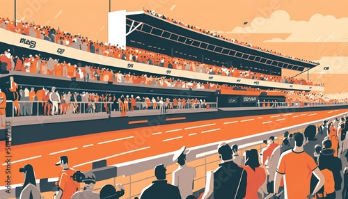 Racing track , crowd of people grandstands . Creative illustration. (Ai Generate)