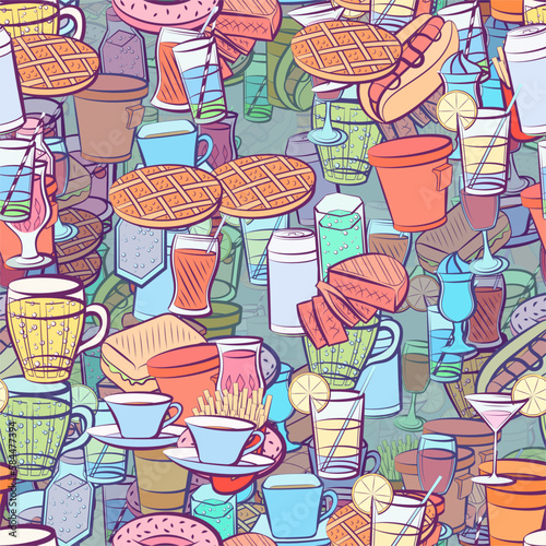 Background pattern abstract design texture. Seamless. Drinks and American food. Theme is about potato, coffee, stand, cherries, bakery products, thread, soda can, sausage, kvass, drinking straw
