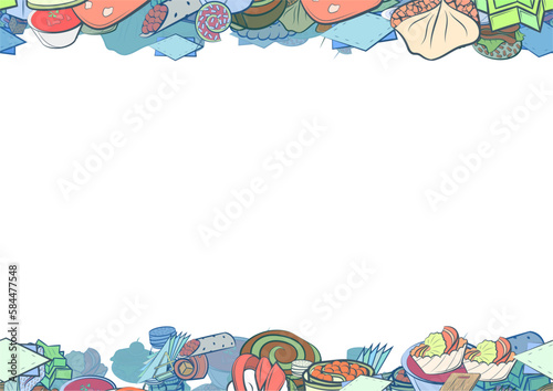 Background pattern abstract design texture. Snacks and Table setting. Horizontal seamless stripes. Border frame, transparent background. Theme is about topping, satiety, napkin, saucer, Khinkali