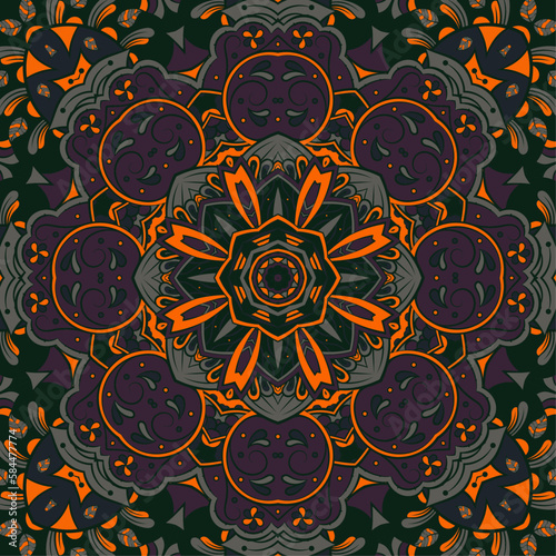 Seamless tile texture. Tracery mehndi design image. Dark toxic colors. Ethnic doodle art. Curved doodling picture. Vector