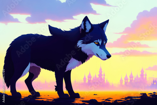 Mystery wolf in forest. Colorful magic wolf  cartoon style painting. Generative ai art illustration