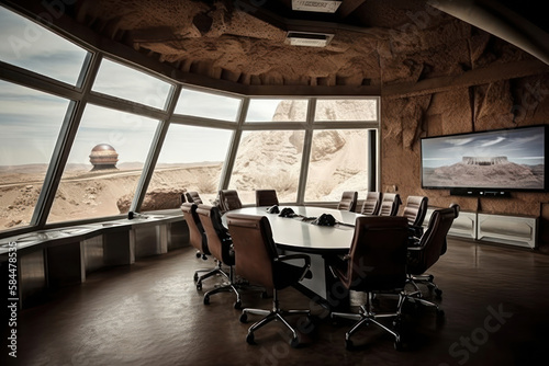 Fototapeta Naklejka Na Ścianę i Meble -  The Future of Luxury: Meeting Room with a View of Mars. Generative Ai