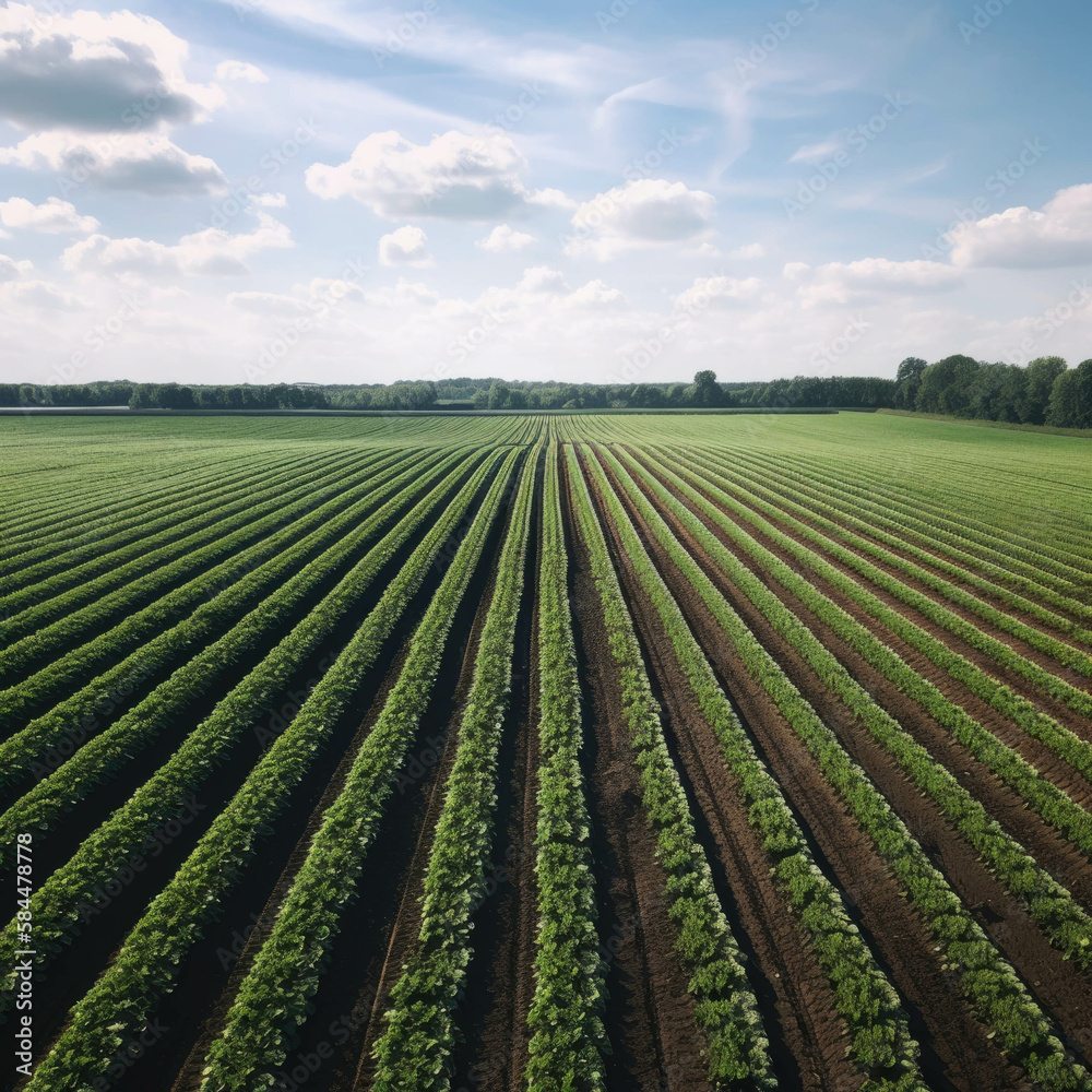 Rows of healthy vibrant crops stretch across a field all thanks to AIisted precision aiculture. . AI generation.
