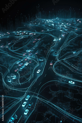 A computer system displaying a highly intricate AI algorithm tracking cars and mapping traffic flow. . AI generation.