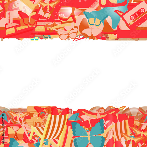 Background pattern abstract design texture. Horizontal seamless stripes. Border frame, transparent background. Theme is about hair care, barbershop, lifebuoy, candy watches, pager, wing