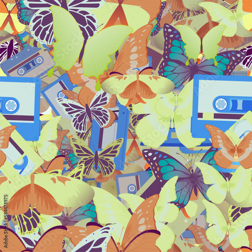 Background pattern abstract design texture. Seamless. Theme is about audio, cassette, vector, boombox, silhouette, summer, Red Admiral, wild, fly, tropical, VHS, Monarch, video, Pipevine
