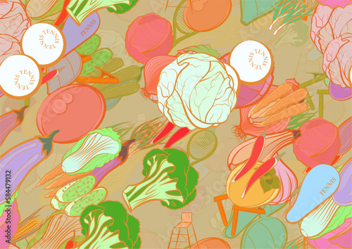 Background pattern abstract design texture. Seamless. Tennis and Health food. Theme is about hot peppers, whole onion, pinch, pimples, garlic head, tennis racket case, inventory, nutritious