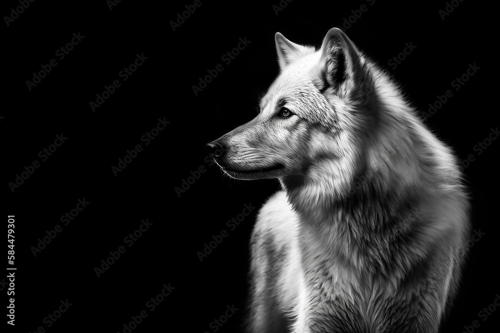 White wolf with a black background.