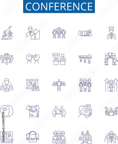 Conference line icons signs set. Design collection of Conclave, Forum, Summit, Dialogue, Symposium, Assembly, Rally, Caucus outline concept vector illustrations