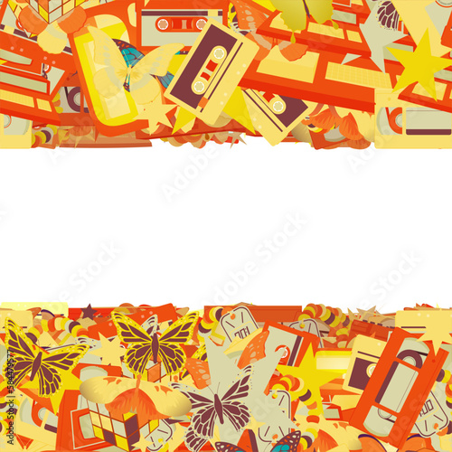 Background pattern abstract design texture. Horizontal seamless stripes. Border frame, transparent background. Theme is about 80s, drawing, computer, VHS, sweets, repeat, wing, wild, Monarch