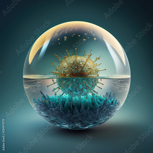 Microscopic molecular conception biology research dna nucleus cells pattern. Crystal ball with flurona virus inside. Coronavirus disease covid19 infection medical isolated. Generative AI photo
