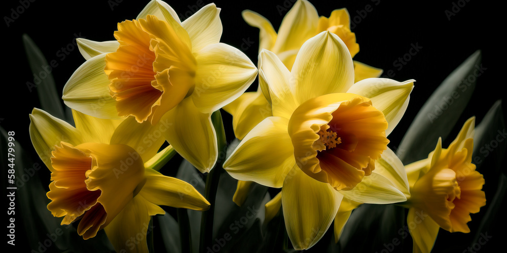 Obraz premium Generative AI Creates Beautiful Yellow Daffodils, Spring Flowers, Perfect for Daffodil Month and Cancer Awareness Month - A Symbol of Hope and Strength on Black Background.