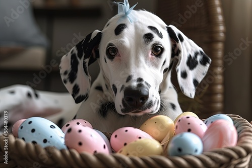 Dalmatian puppy close up with a basket of Easter eggs © Abramelin