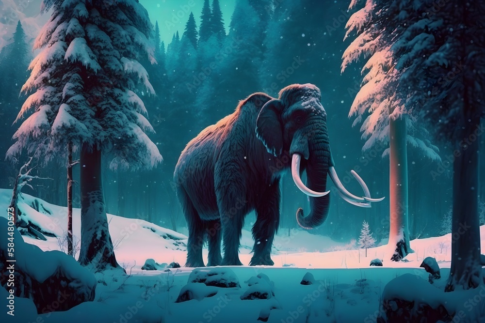 Woolly Mammoth in a prehistoric snowy forest Ai Generated Ice Age