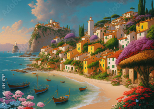 Cartoon painting of an old village near the ocean, generative ai