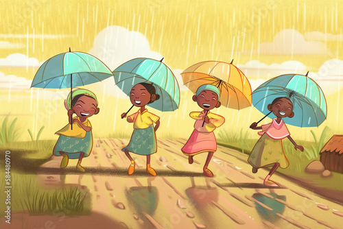 Group of children in ethnic traditional costumes with umbrellas runnig over puddles. AI generative image photo