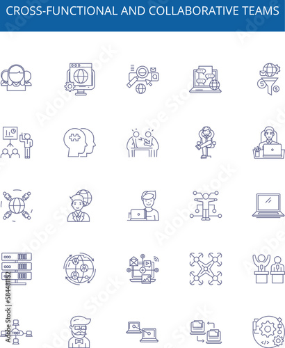 Cross-functional and collaborative teams line icons signs set. Design collection of Collaborative, Cross functional, Teams, Integration, Cooperation, Multidisciplinary, Involvement, Interdisciplinary