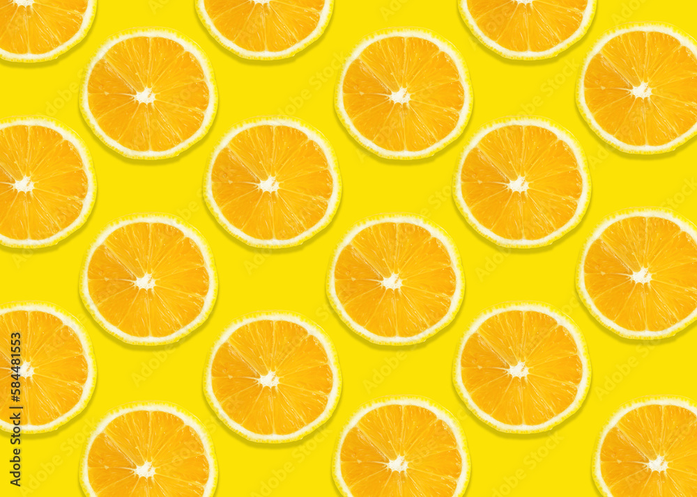 Bright summer background. Lemon slices on yellow. Fruits seamless pattern. texture design for wallpaper