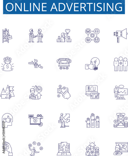 Online advertising line icons signs set. Design collection of Digital, Ads, Internet, Promotions, Marketing, Optimization, Placement, Branding outline concept vector illustrations