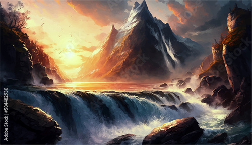 sunset over the mountain waterfall rocks